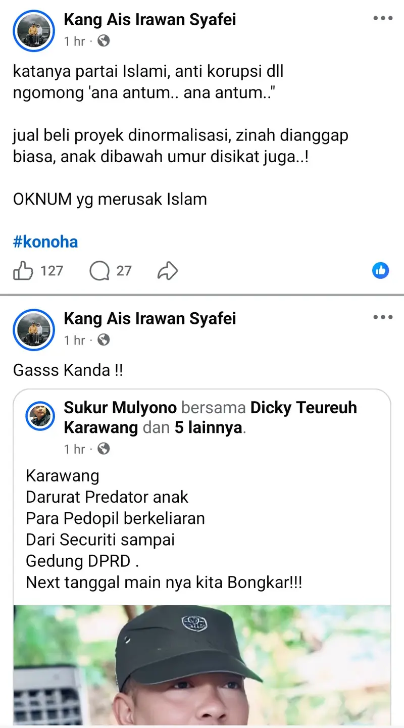 Tangkapan layar status facebook Kang AIS.